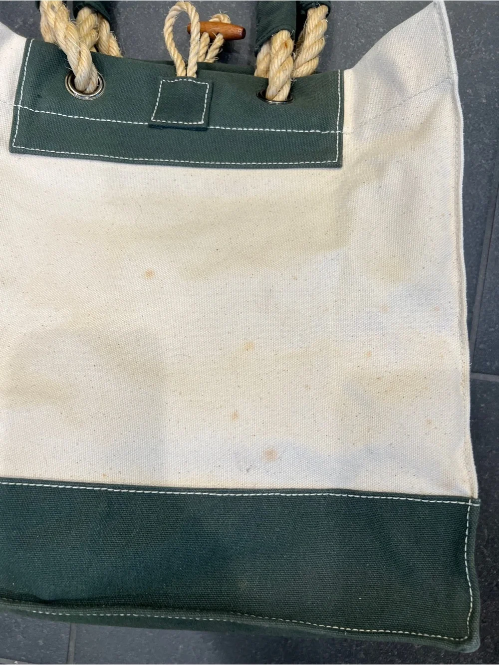 Wathne Cream and Dark Green Canvas Tote with Rope Handles